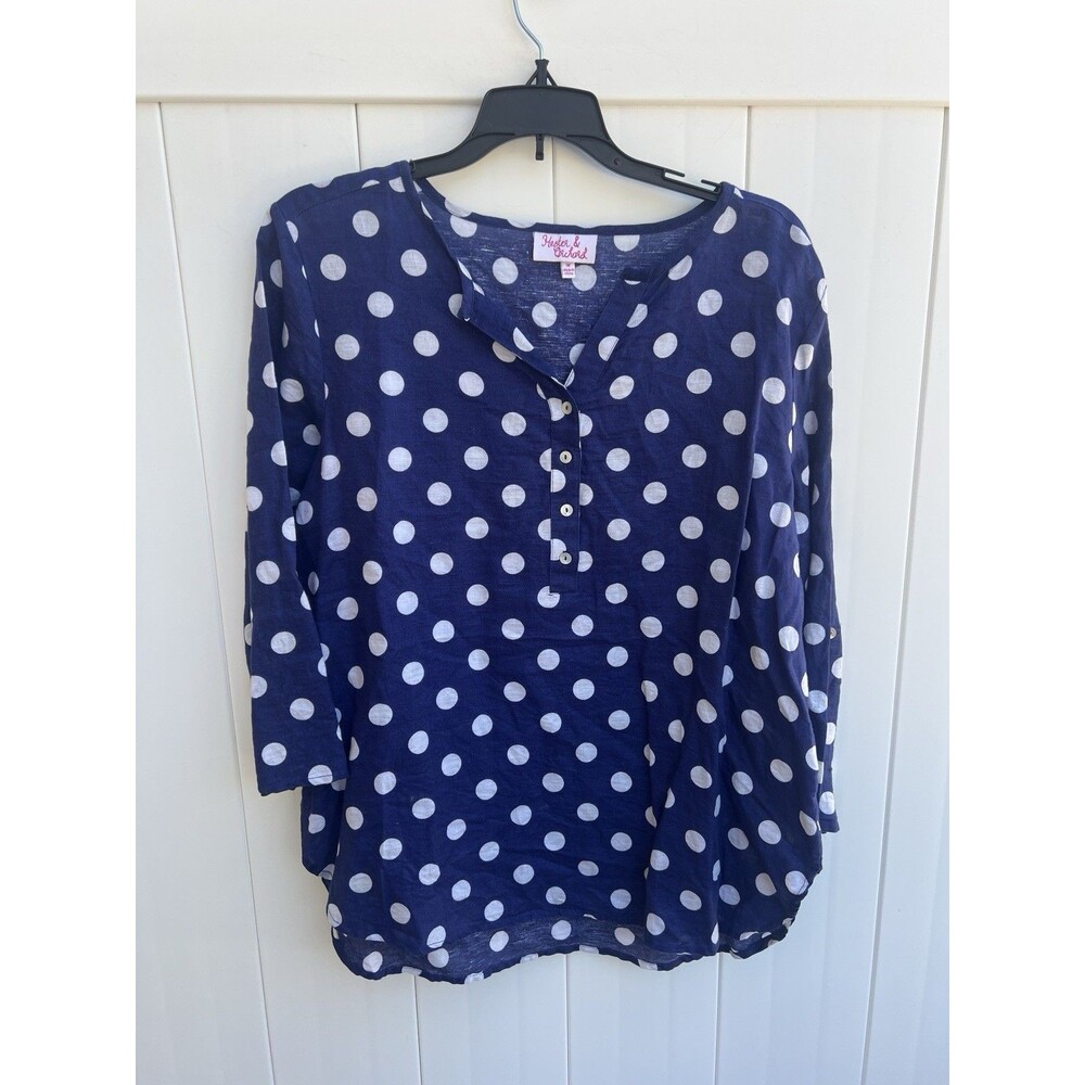 Hester Orchard Blouse Top Half Sleeve Linen Blend Blue Polka Dot Sz Medium